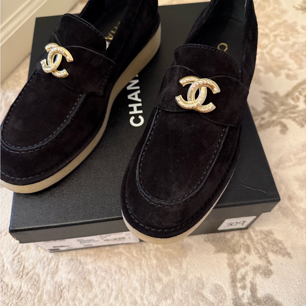 CHANEL Black Espadrilles with Gold Logo